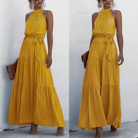 🌻 TALL YELLOW WHITE POLKA DOT BELTED MAXI DRESS! - Picture 3 of 3